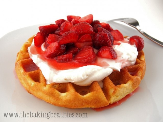 Gluten Free Cornmeal Waffles with Strawberry Rhubarb Syrup by The Baking Beauties